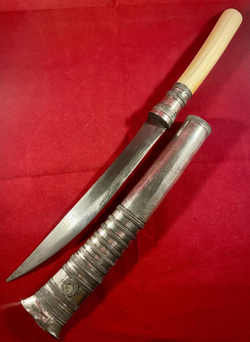 Extra Photos of 19th Century Burmese Dha Dagger Sword with Ornate Silver Covered Wooden Sheath - 52141