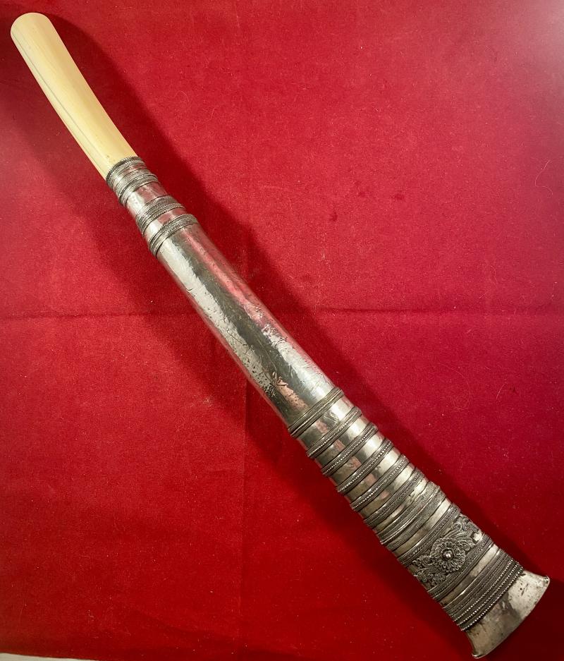 Fine 19th Century Burmese Dha Dagger Sword with Ornate Silver Covered Wooden Sheath