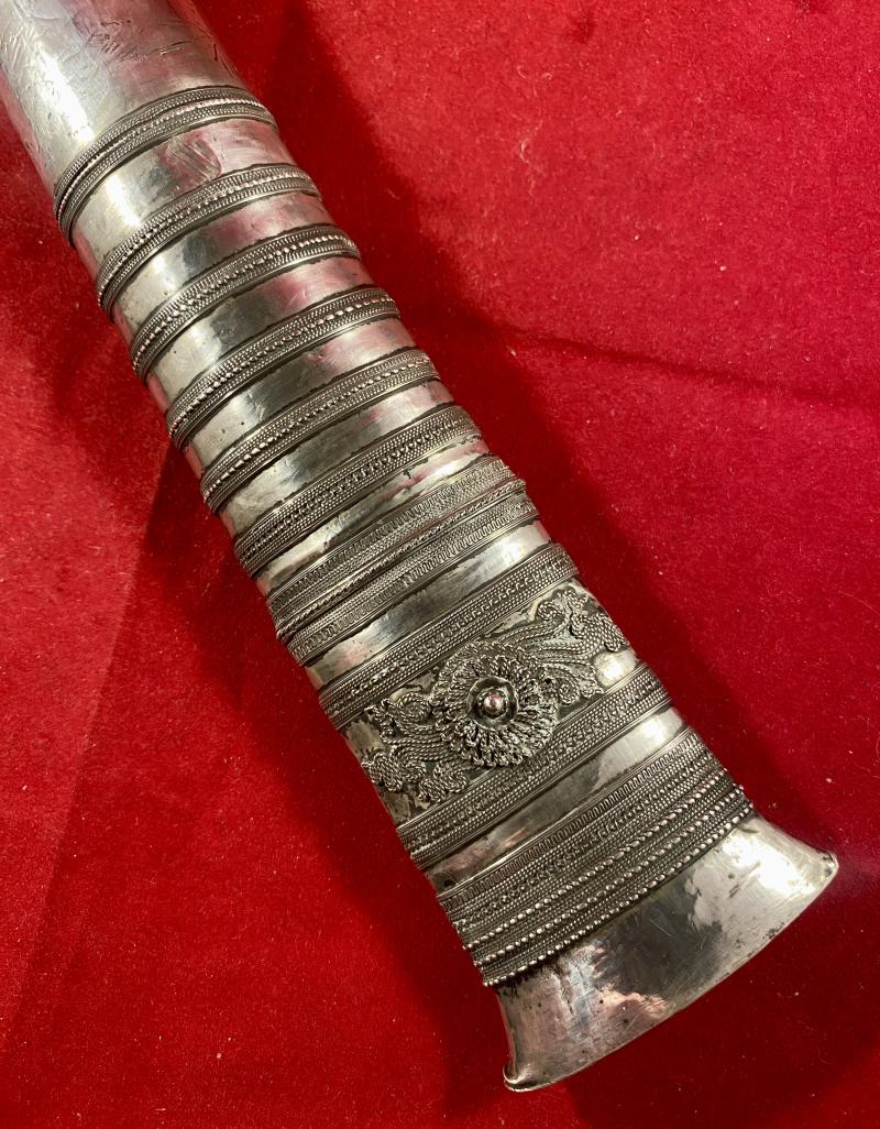 Fine 19th Century Burmese Dha Dagger Sword with Ornate Silver Covered Wooden Sheath