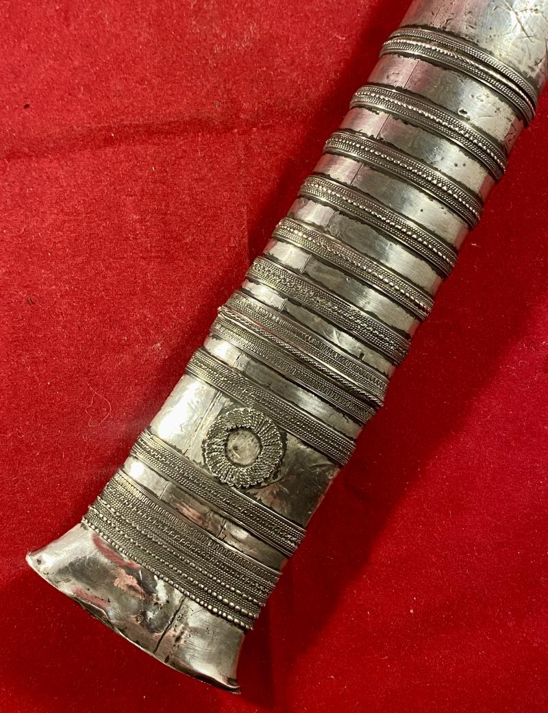Fine 19th Century Burmese Dha Dagger Sword with Ornate Silver Covered Wooden Sheath