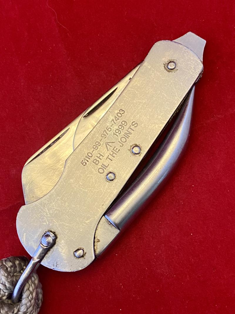 Vintage British Military Three-Piece Stainless Steel Clasp Knife by Brooks & Hardwidge dated 1999 with Braided Lanyard and Snap Hook