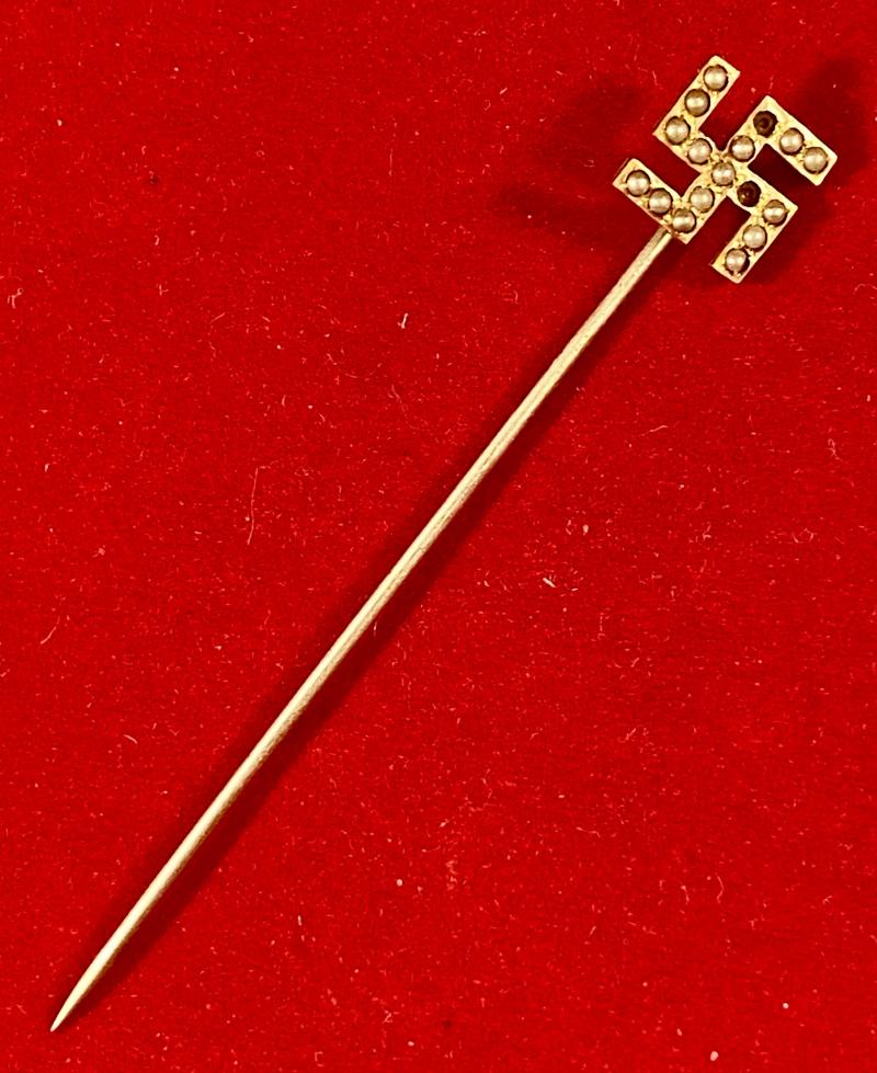 Antique Swastika Stickpin made with Seed Pearls Set in Gilt Metal by Plainville Stock Company USA c1890
