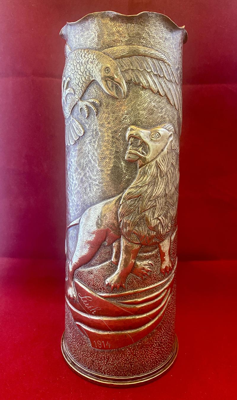 Stunning WW1 Trench Art British 18 Pounder Field Gun Embossed Brass Shell Case Commemorating The Battle of Liège 1914