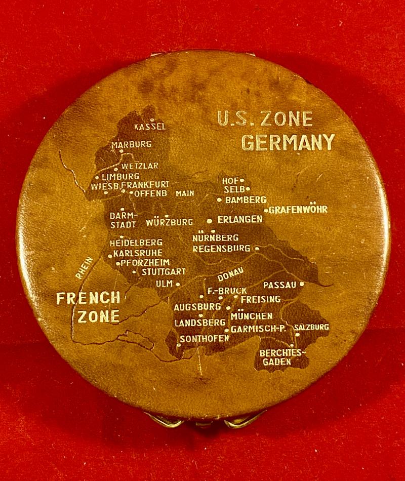 Unusual Leather covered Ladies Powder Compact Depicting a Map of Germany Post WW2 with French and US Zones c1945
