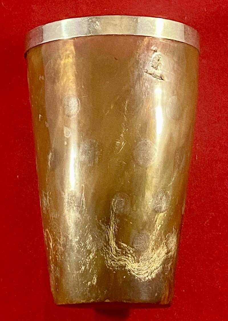 Antique Victorian Silver Rimmed Horn Beaker with Spotted Pattern and a Blank Silver Cartouche c1890