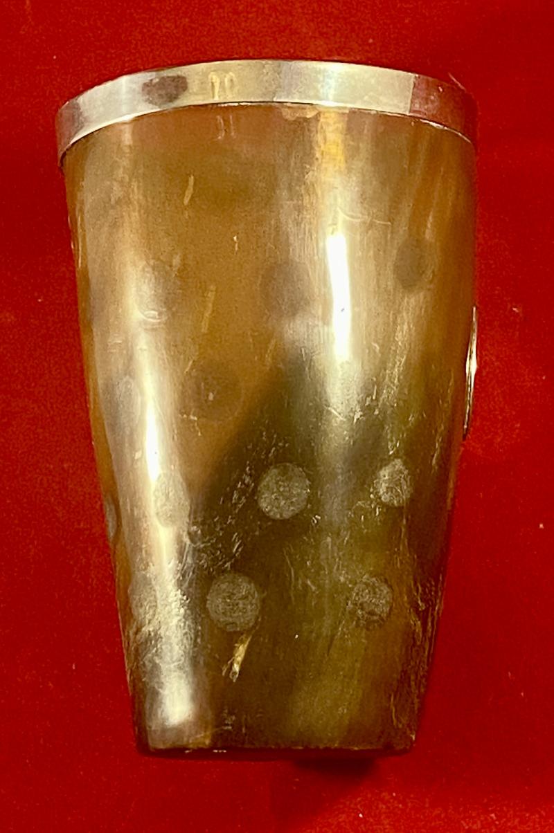 Antique Victorian Silver Rimmed Horn Beaker with Spotted Pattern and a Blank Silver Cartouche c1890