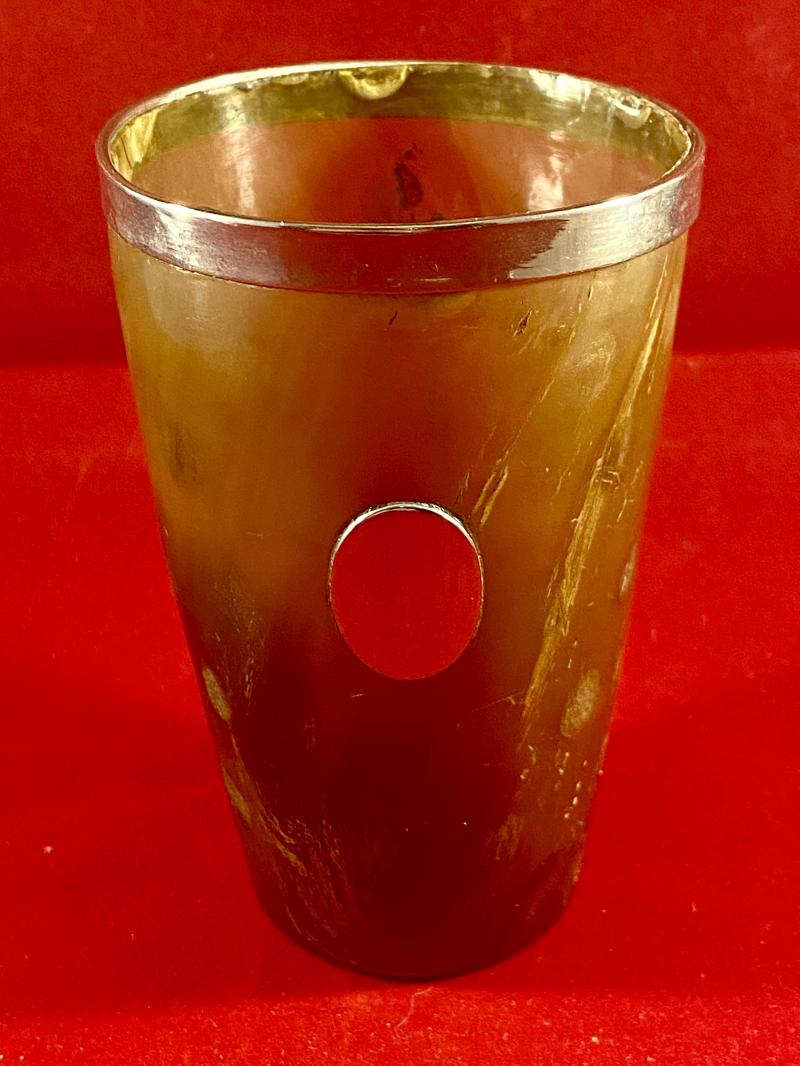 Antique Victorian Silver Rimmed Horn Beaker with Spotted Pattern and a Blank Silver Cartouche c1890
