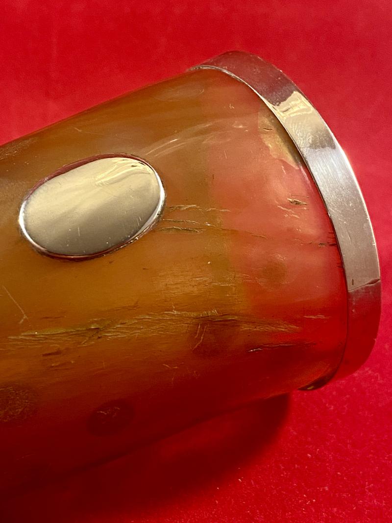 Antique Victorian Silver Rimmed Horn Beaker with Spotted Pattern and a Blank Silver Cartouche c1890