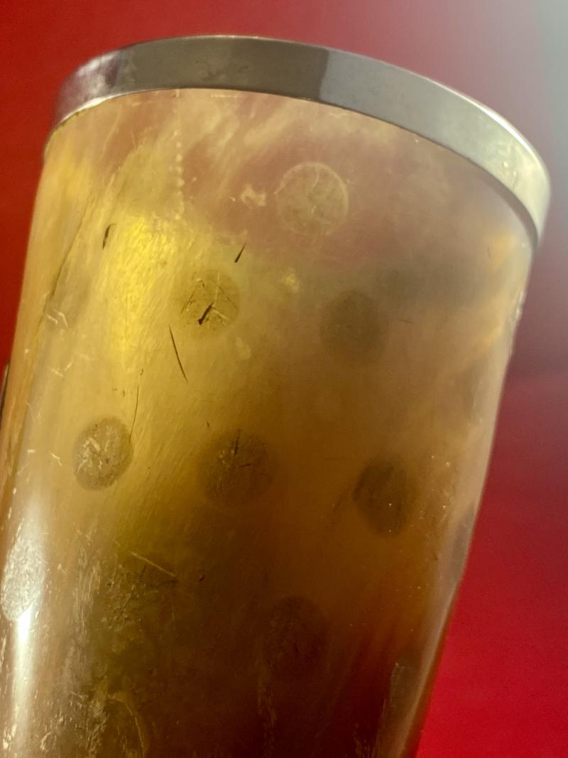 Antique Victorian Silver Rimmed Horn Beaker with Spotted Pattern and a Blank Silver Cartouche c1890