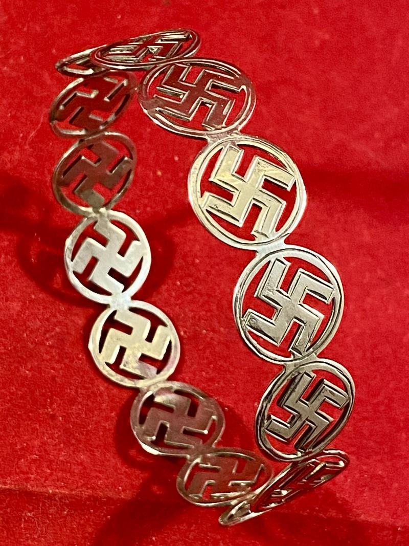 Unusual Antique English Hallmarked Silver Swastika “Good Luck” Bangle by Arthur Johnson Smith 1923
