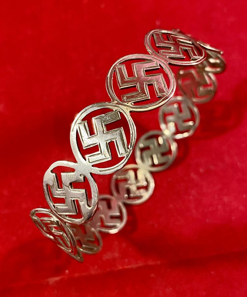 Unusual Antique English Hallmarked Silver Swastika “Good Luck” Bangle by Arthur Johnson Smith 1923
