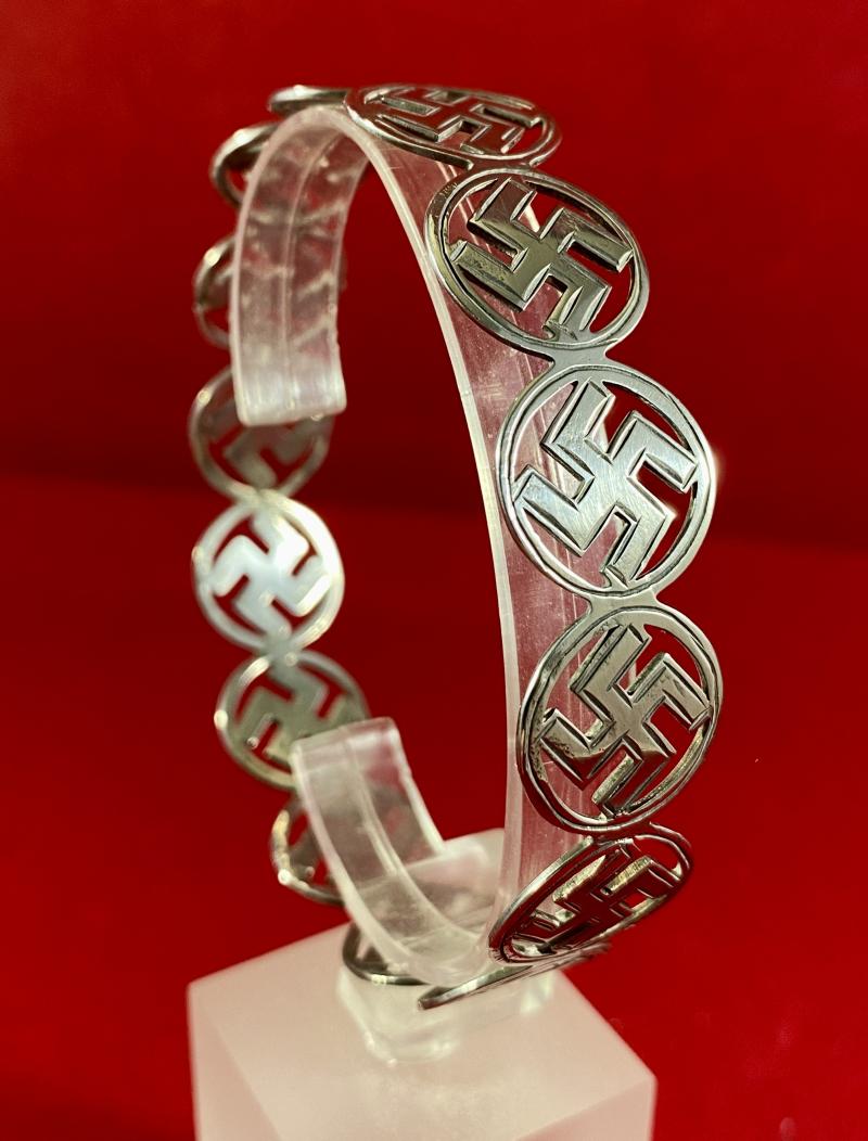 Unusual Antique English Hallmarked Silver Swastika “Good Luck” Bangle by Arthur Johnson Smith 1923