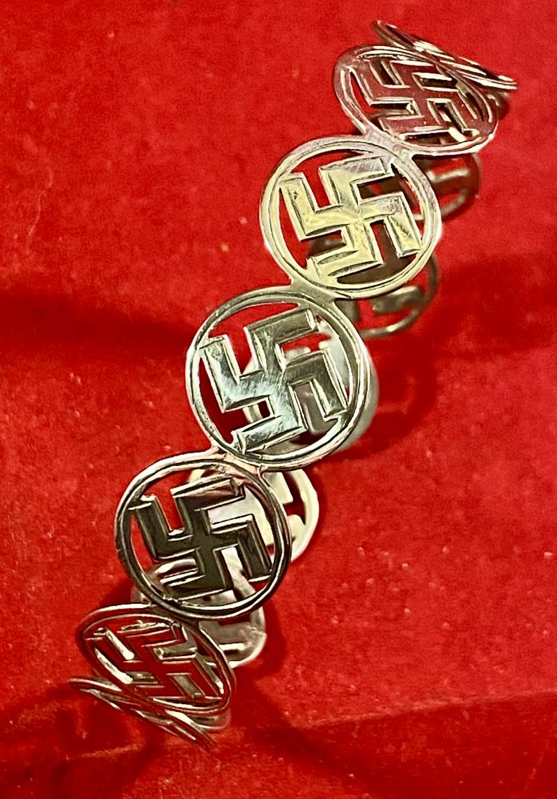 Unusual Antique English Hallmarked Silver Swastika “Good Luck” Bangle by Arthur Johnson Smith 1923