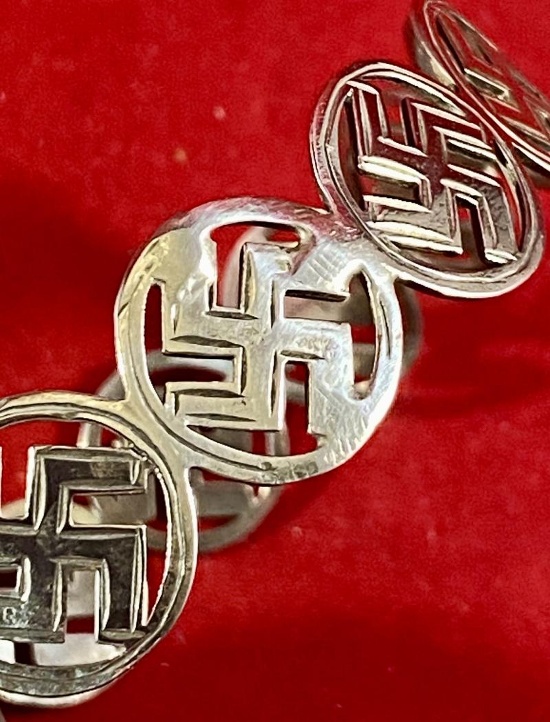 Unusual Antique English Hallmarked Silver Swastika “Good Luck” Bangle by Arthur Johnson Smith 1923
