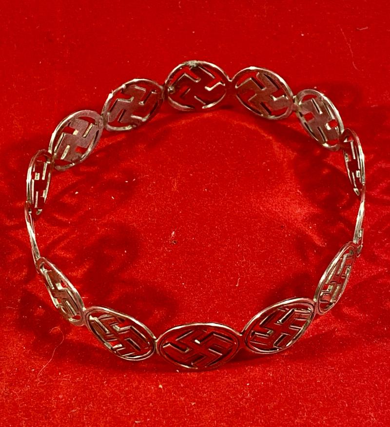 Unusual Antique English Hallmarked Silver Swastika “Good Luck” Bangle by Arthur Johnson Smith 1923