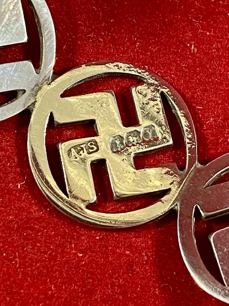 Unusual Antique English Hallmarked Silver Swastika “Good Luck” Bangle by Arthur Johnson Smith 1923