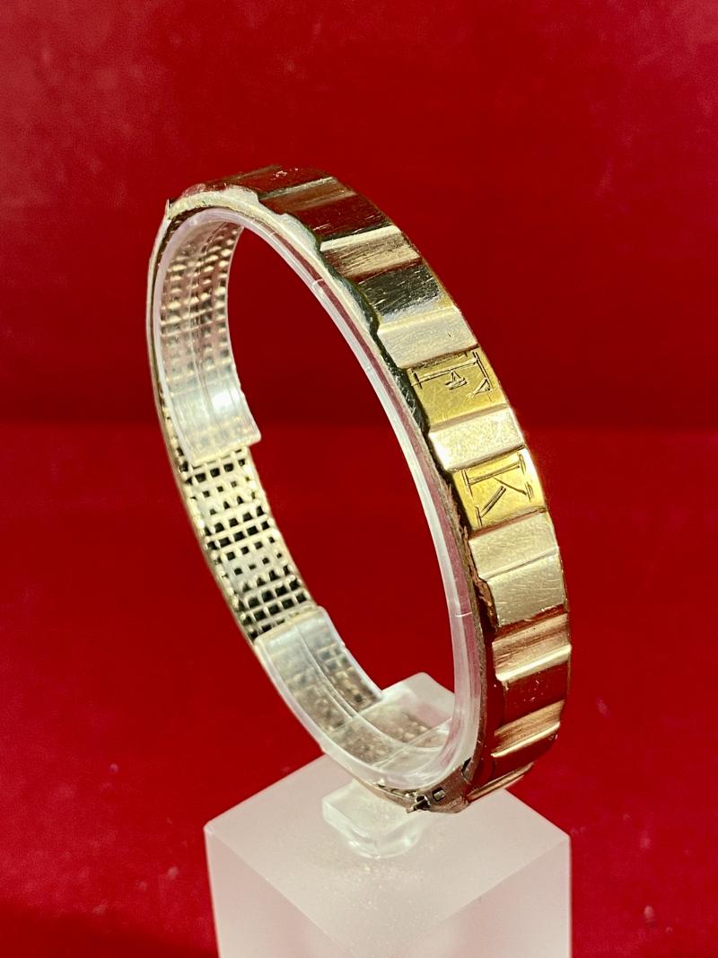 WW1 German Trench Art Gilt Copper Driving Band Bangle Engraved with Initials F K and Stamped D.R.G.M and maker KIAG c1914