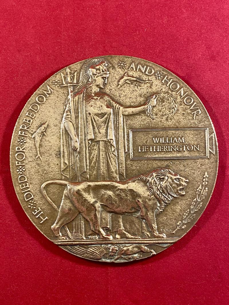 Genuine WW1 British Bronze Death Plaque (Death Penny) for WILLIAM HETHERINGTON
