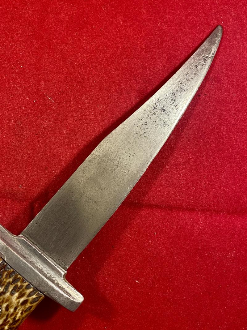 Rare WW2 British Army Auxiliary Unit Knife with Leather Sheath Named to “PAT”