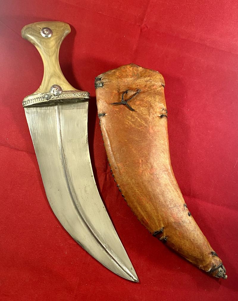 Antique Yemeni Jambiya Dagger with Horn Handle and an Ornate Silver Filigree and Leather Covered Sheath