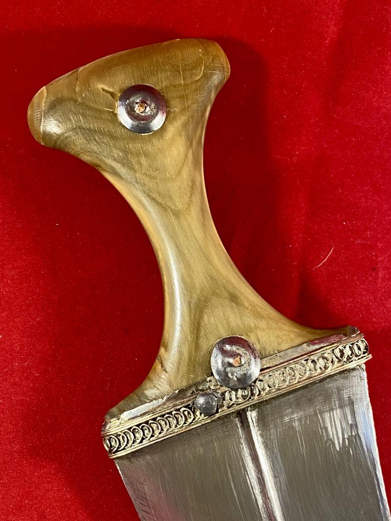 Antique Yemeni Jambiya Dagger with Horn Handle and an Ornate Silver Filigree and Leather Covered Sheath