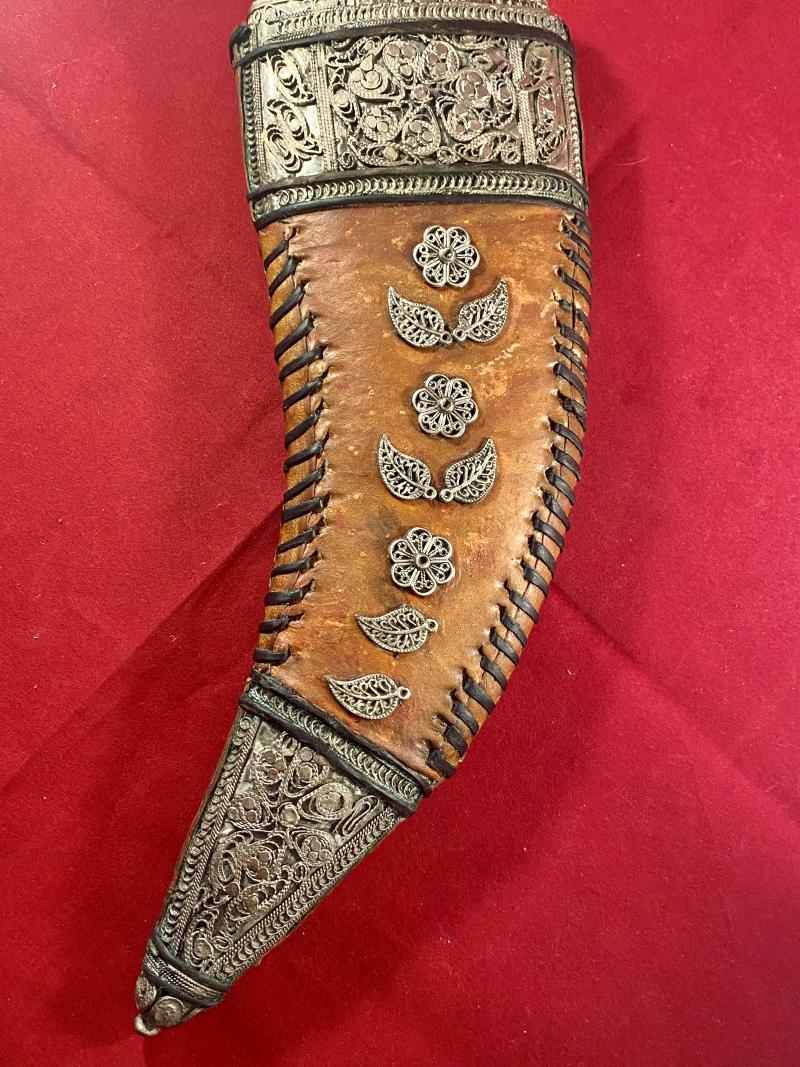 Antique Yemeni Jambiya Dagger with Horn Handle and an Ornate Silver Filigree and Leather Covered Sheath