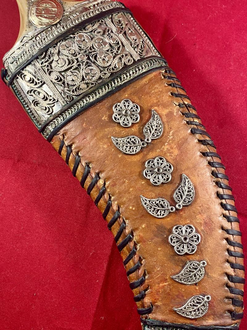 Antique Yemeni Jambiya Dagger with Horn Handle and an Ornate Silver Filigree and Leather Covered Sheath