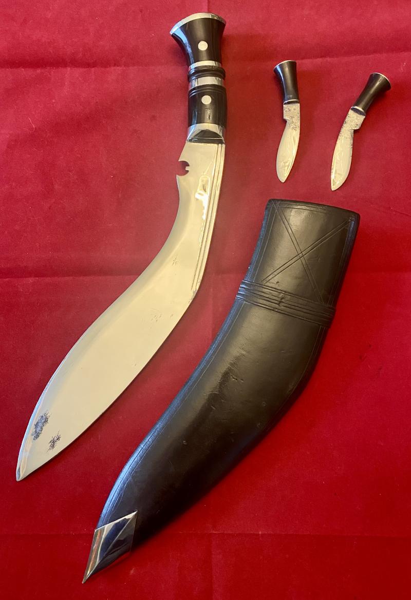 Vintage Chrome Plated Kukri with Horn Grip Black Leather Scabbard and Two Karda Knives