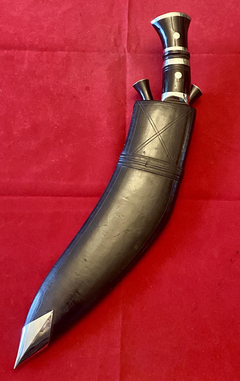 Vintage Chrome Plated Kukri with Horn Grip Black Leather Scabbard and Two Karda Knives