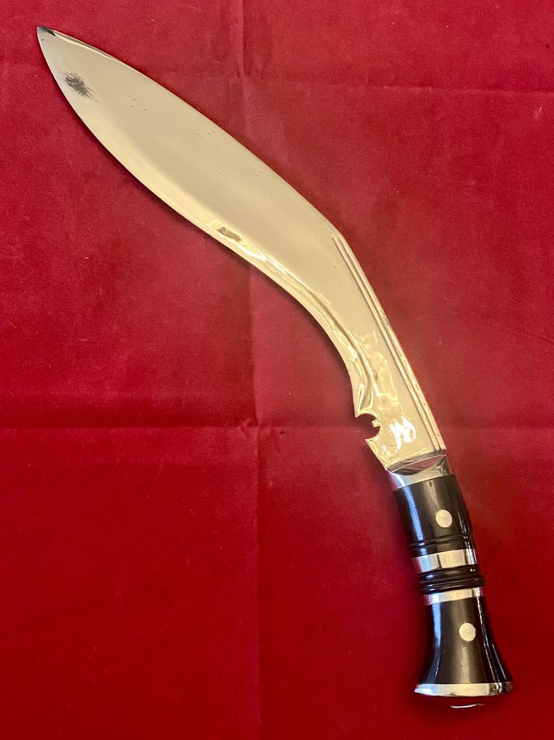 Vintage Chrome Plated Kukri with Horn Grip Black Leather Scabbard and Two Karda Knives