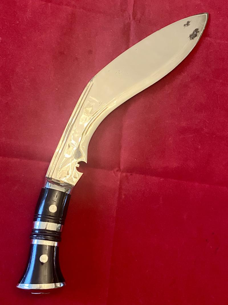 Vintage Chrome Plated Kukri with Horn Grip Black Leather Scabbard and Two Karda Knives