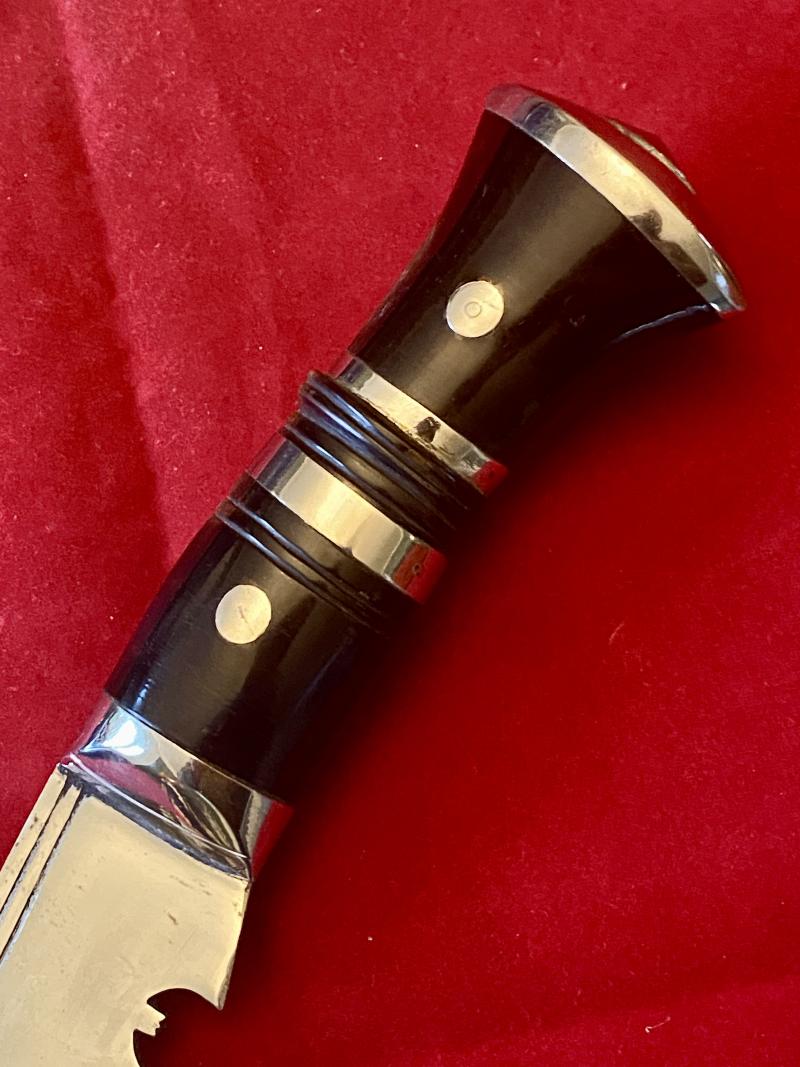 Vintage Chrome Plated Kukri with Horn Grip Black Leather Scabbard and Two Karda Knives