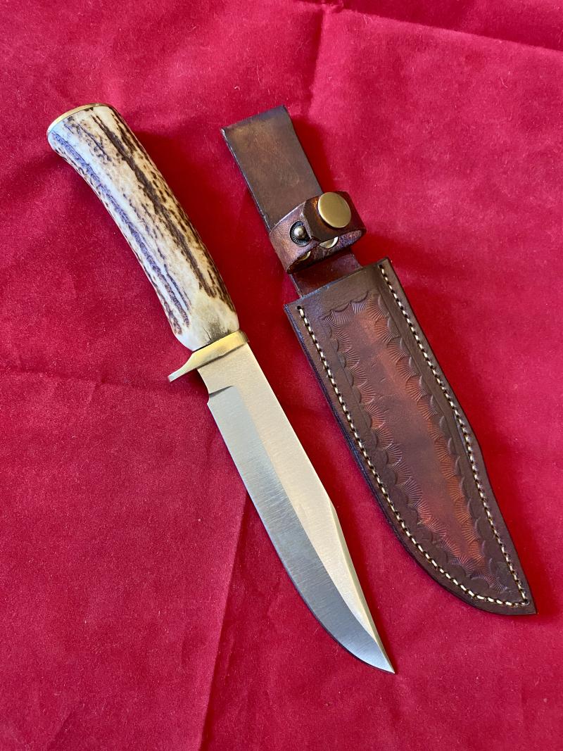 Mint Bowie Knife with 6” Steel Blade Stag Antler Handle and Custom made Leather Sheath
