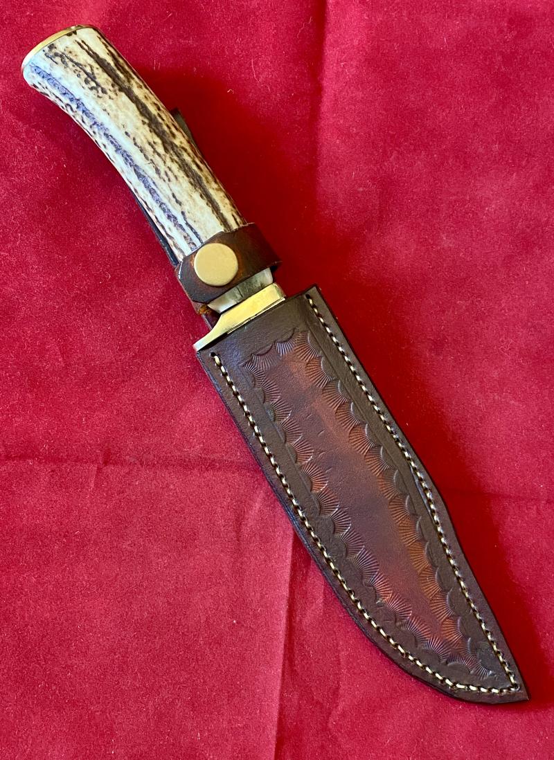Mint Bowie Knife with 6” Steel Blade Stag Antler Handle and Custom made Leather Sheath