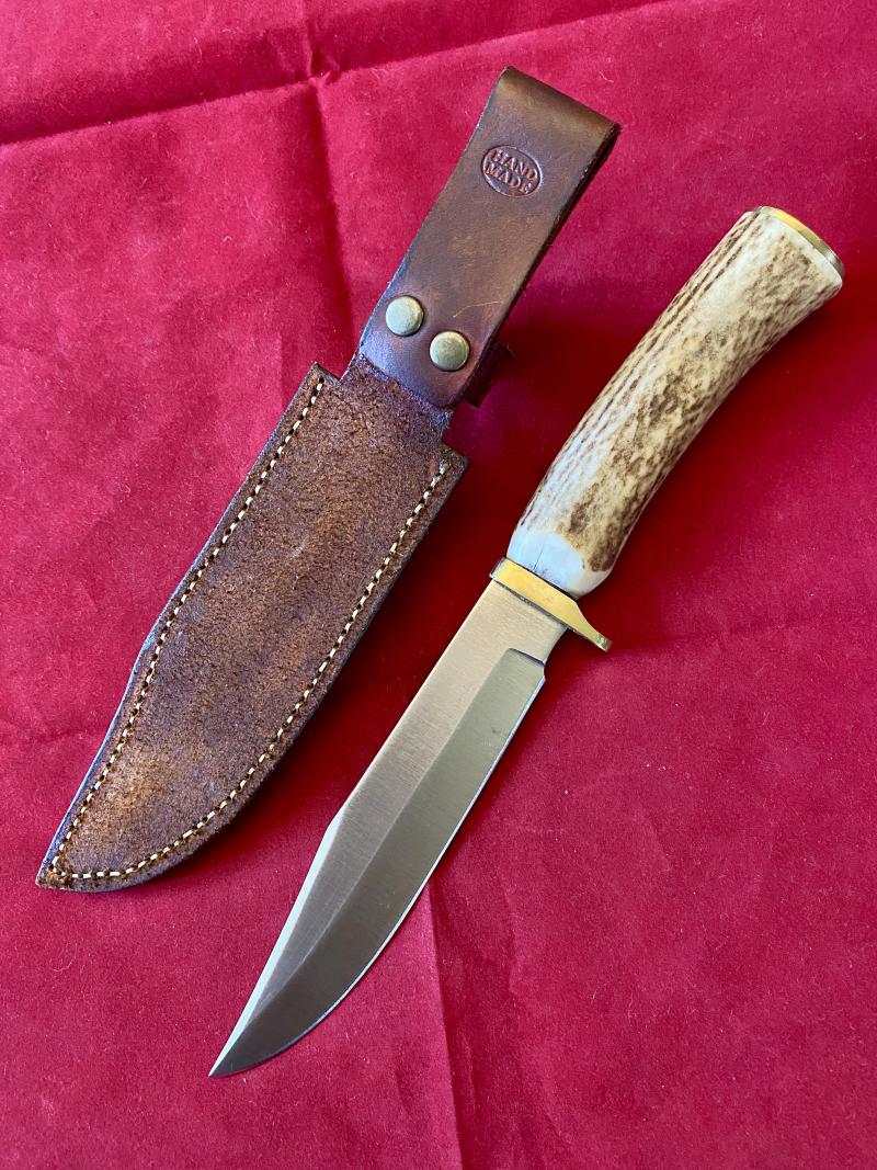 Mint Bowie Knife with 6” Steel Blade Stag Antler Handle and Custom made Leather Sheath