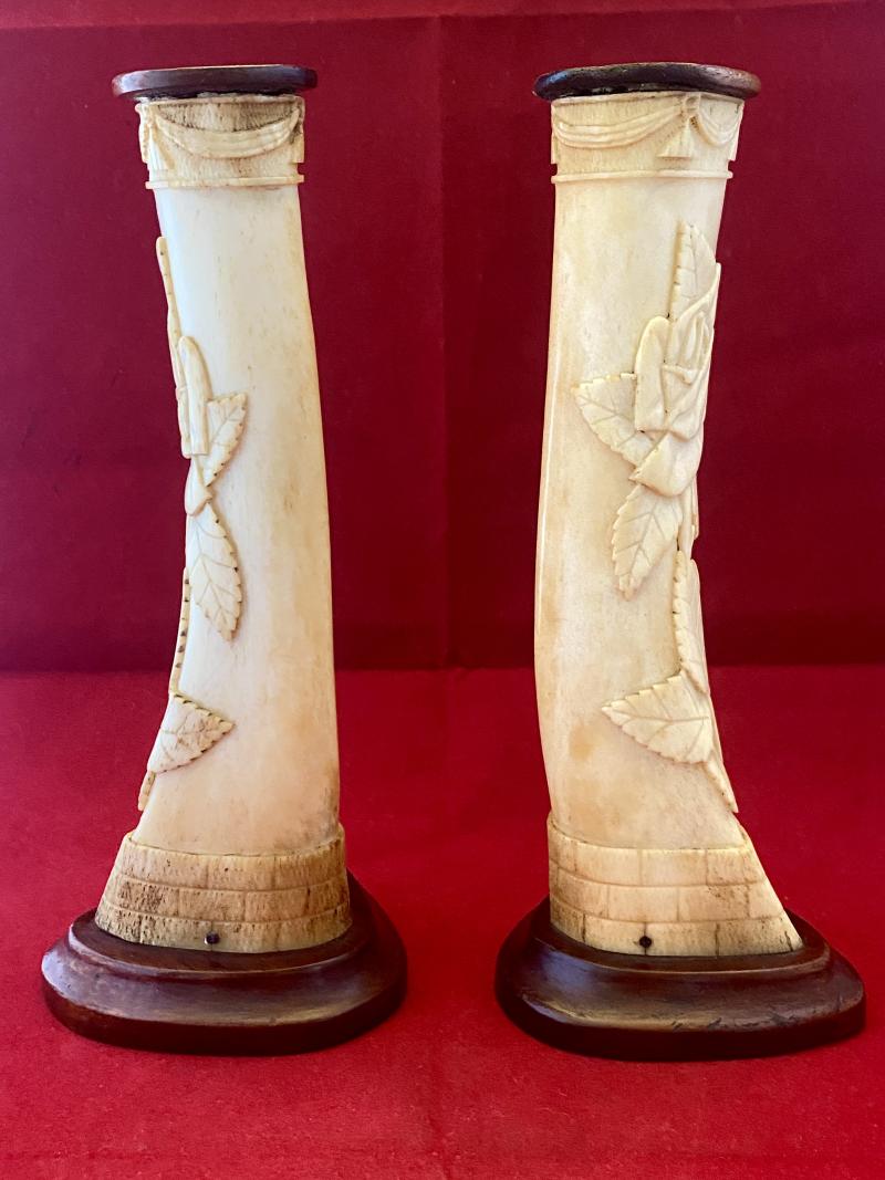 Stunning Pair of WW1 German POW 8” Cow Shinbones Carved with Roses - KNOCKALOE -I.O.M. “Legs of Man”