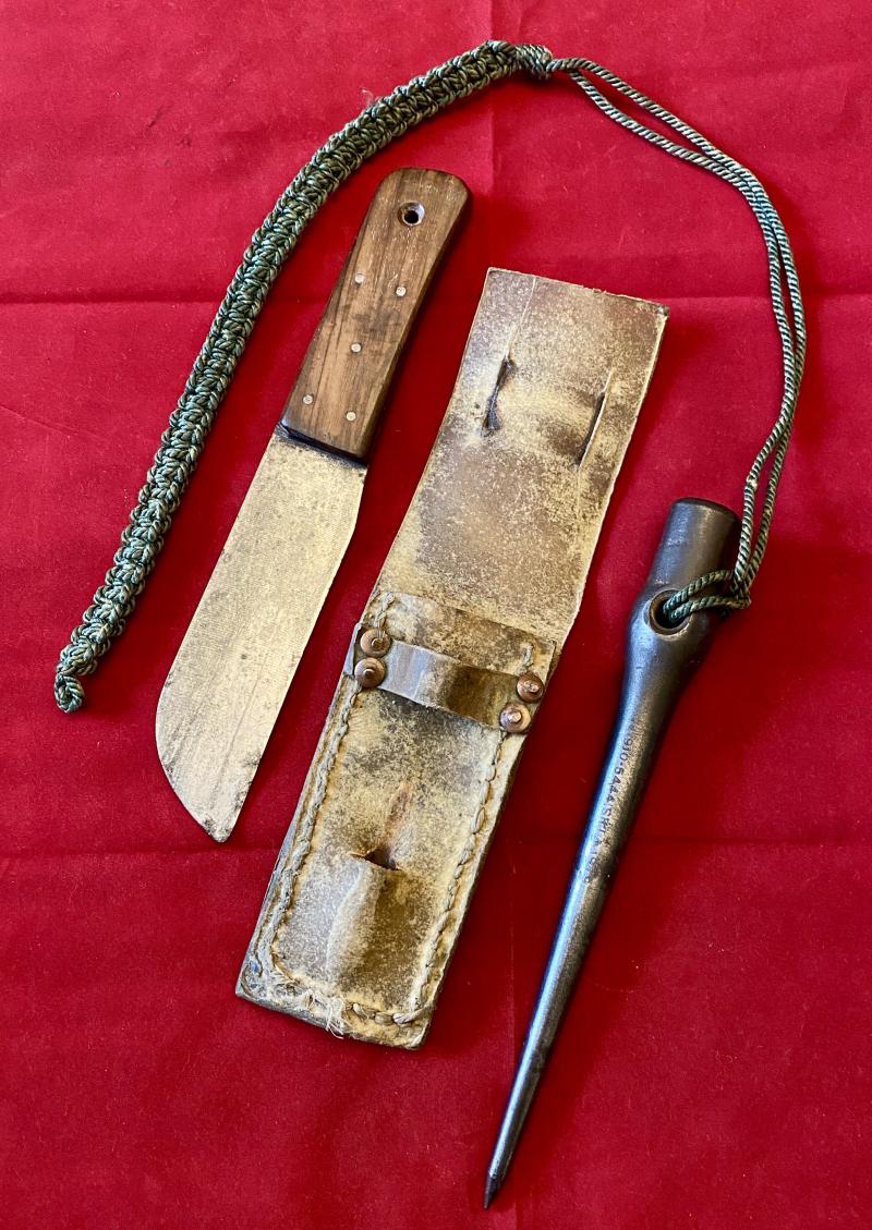 Unusual British Royal Navy “Ropework Set” Consisting of a Deck Knife and Marlin Spike with a hard Buff Leather Sheath c1979