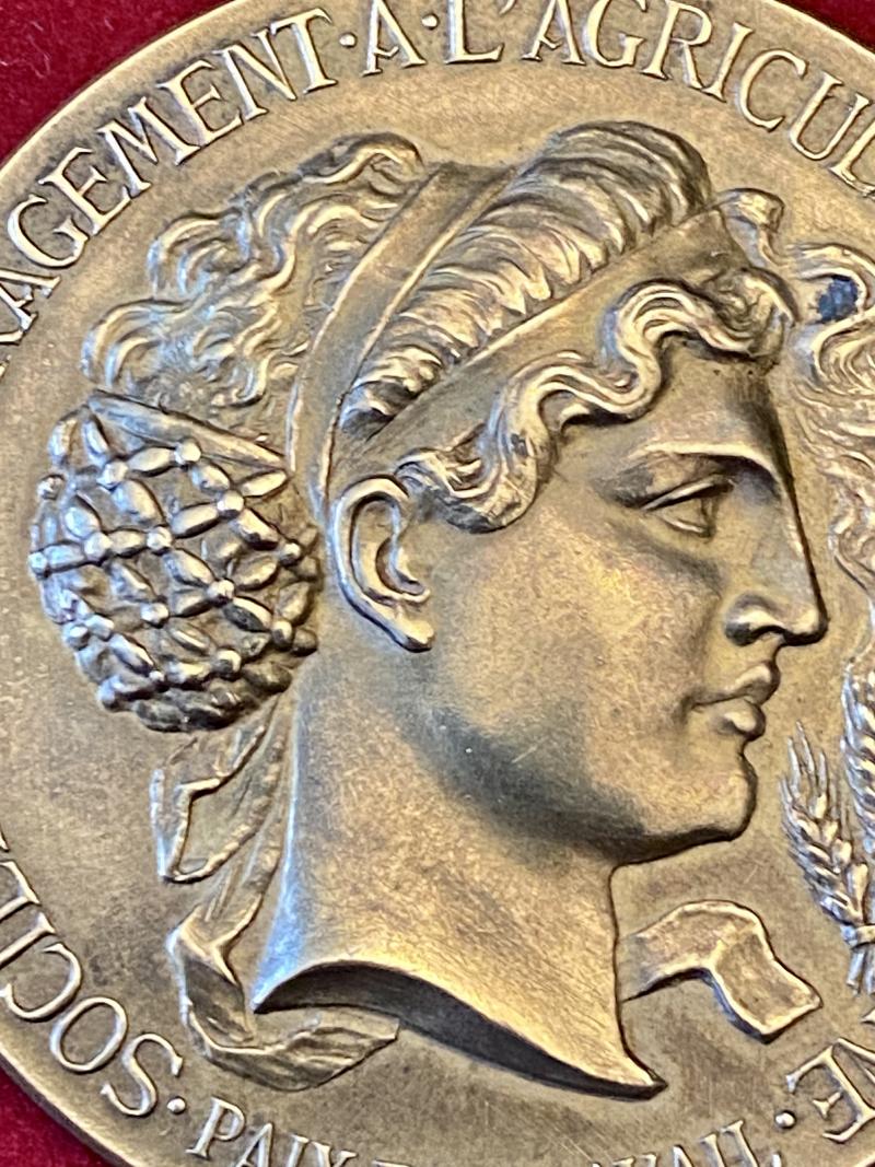Large Antique French Bronze Medal for Société Nationale d’Encouragement à l’Agriculture de la Dordogne with Original Silk Lined Case c1880