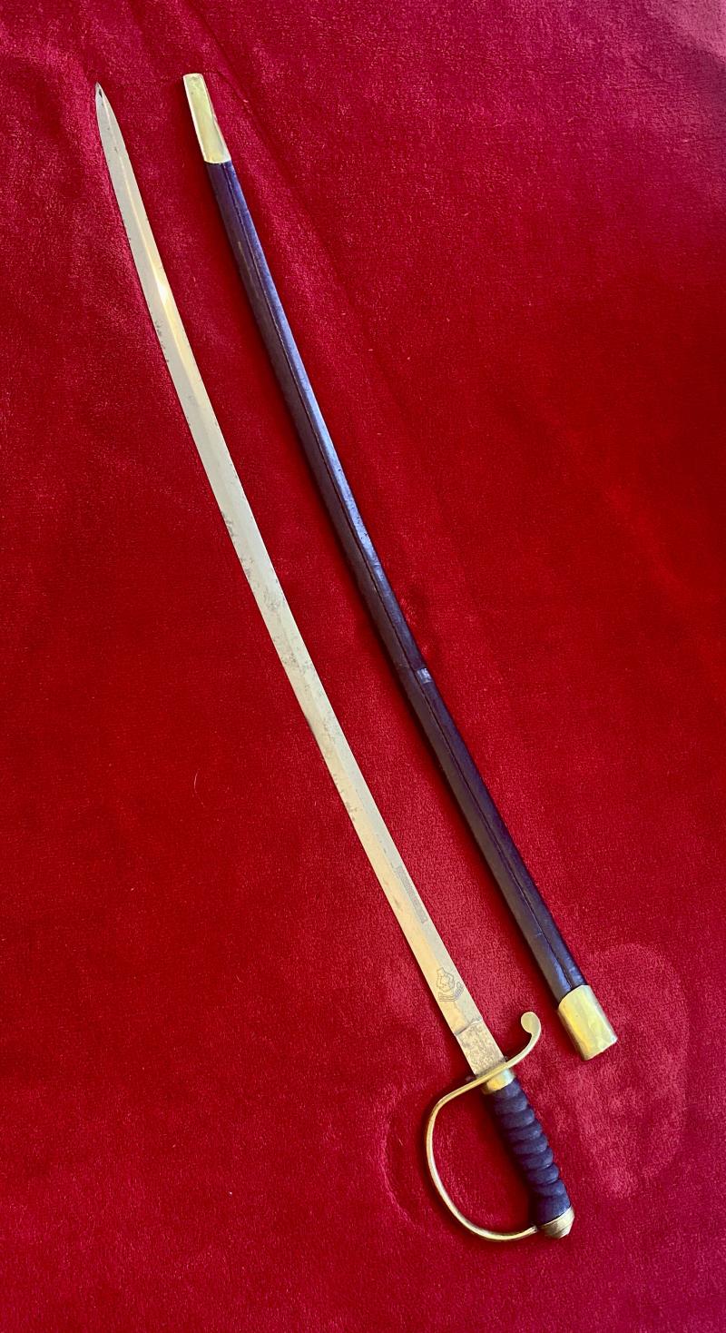 Scarce Handkerchief Cutter Sword with 33” Long Thin Curved Blade and Leather Covered Scabbard by Henry Wilkinson - Engraved with RUDGE Family Crest