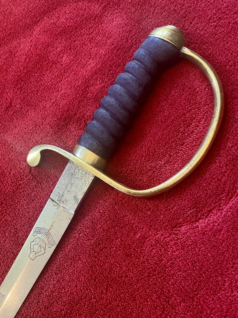 Scarce Handkerchief Cutter Sword with 33” Long Thin Curved Blade and Leather Covered Scabbard by Henry Wilkinson - Engraved with RUDGE Family Crest