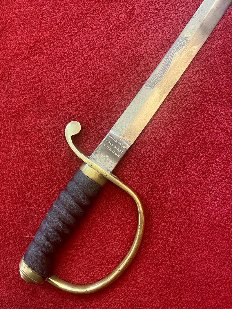 Scarce Handkerchief Cutter Sword with 33” Long Thin Curved Blade and Leather Covered Scabbard by Henry Wilkinson - Engraved with RUDGE Family Crest