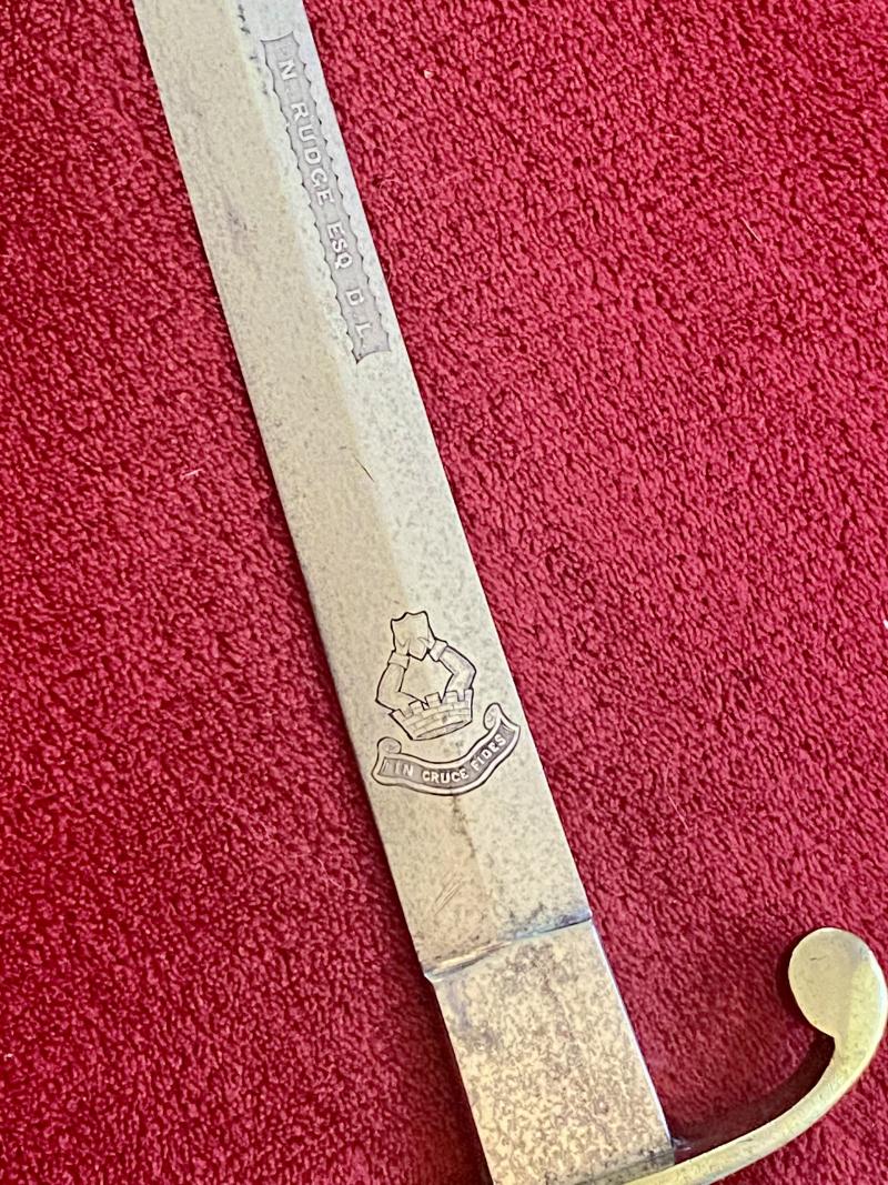 Scarce Handkerchief Cutter Sword with 33” Long Thin Curved Blade and Leather Covered Scabbard by Henry Wilkinson - Engraved with RUDGE Family Crest