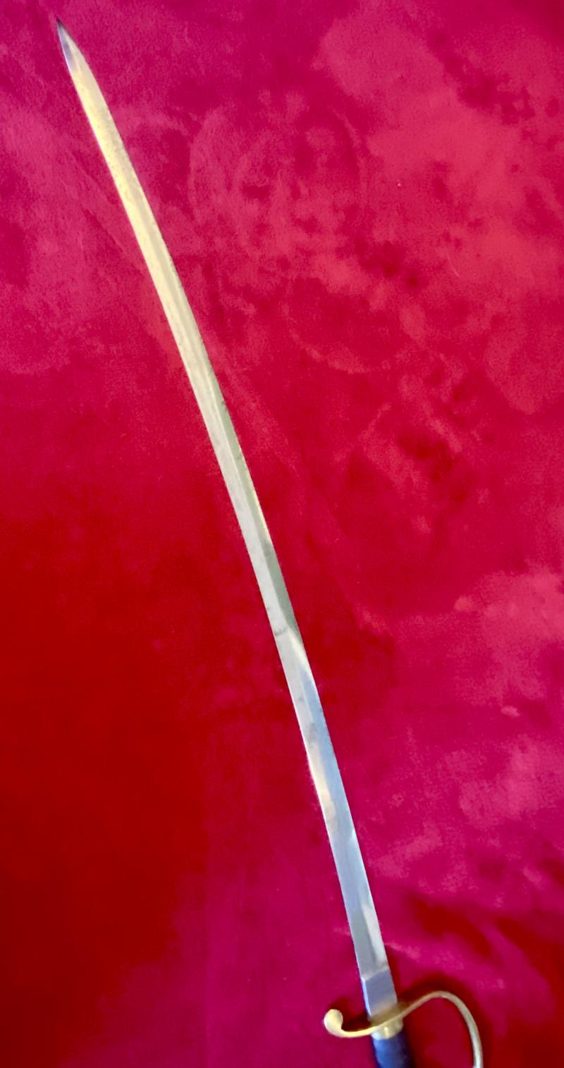 Scarce Handkerchief Cutter Sword with 33” Long Thin Curved Blade and Leather Covered Scabbard by Henry Wilkinson - Engraved with RUDGE Family Crest