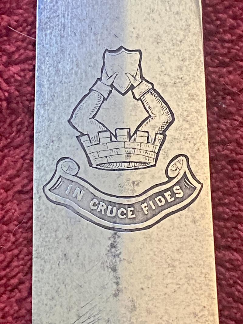 Scarce Handkerchief Cutter Sword with 33” Long Thin Curved Blade and Leather Covered Scabbard by Henry Wilkinson - Engraved with RUDGE Family Crest