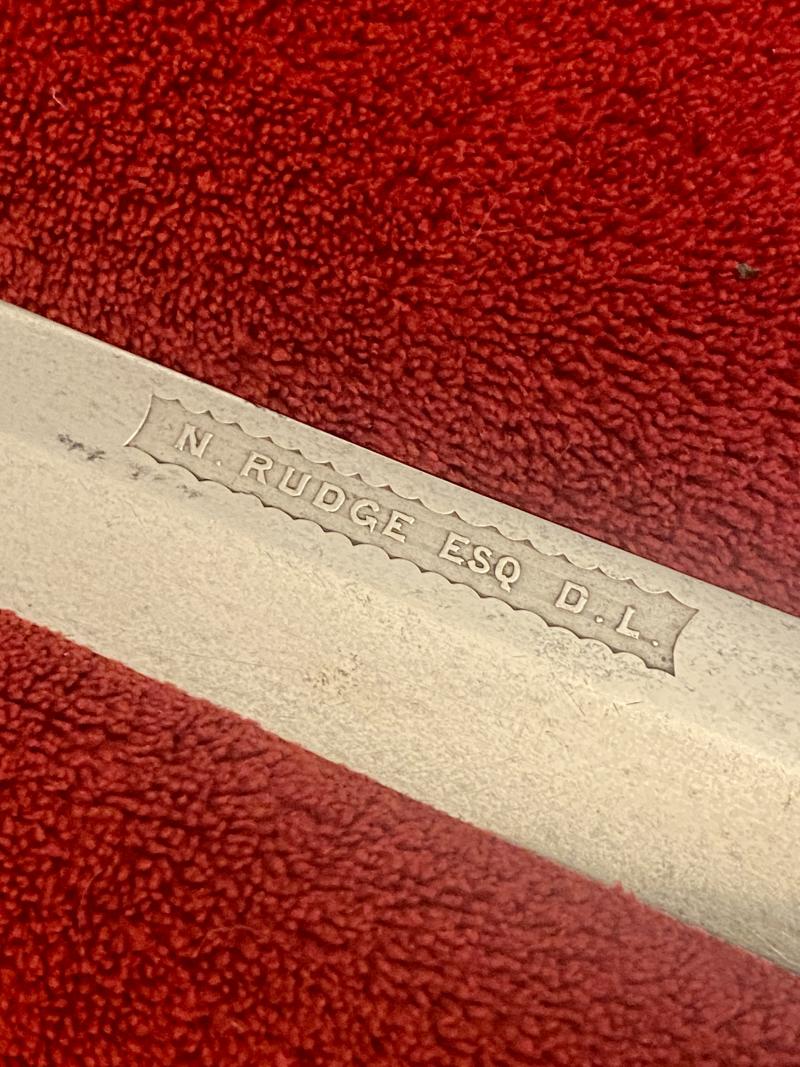 Scarce Handkerchief Cutter Sword with 33” Long Thin Curved Blade and Leather Covered Scabbard by Henry Wilkinson - Engraved with RUDGE Family Crest