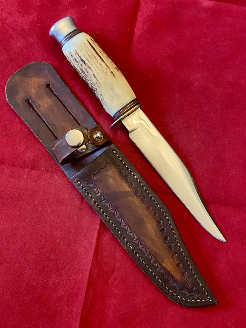Vintage Hunting Bowie Knife with Stag Antler Grip and Handmade Leather Sheath