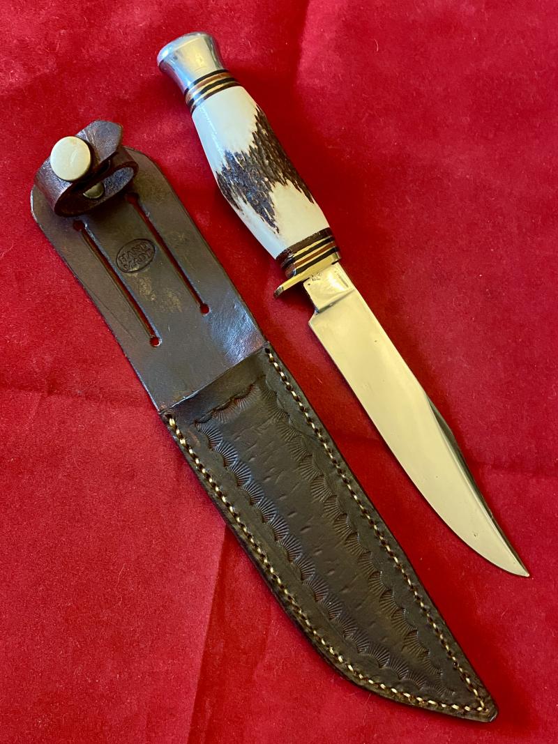 Fine Vintage Hunting Bowie Knife with Stag Antler Grip and Handmade Leather Sheath