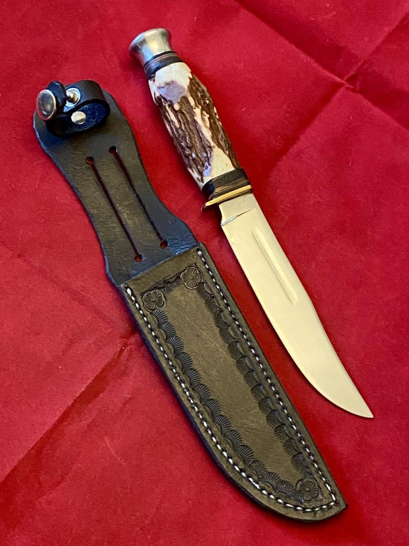 Vintage Hunting Bowie Knife with Faux Stag Antler Grip and Handmade Leather Sheath