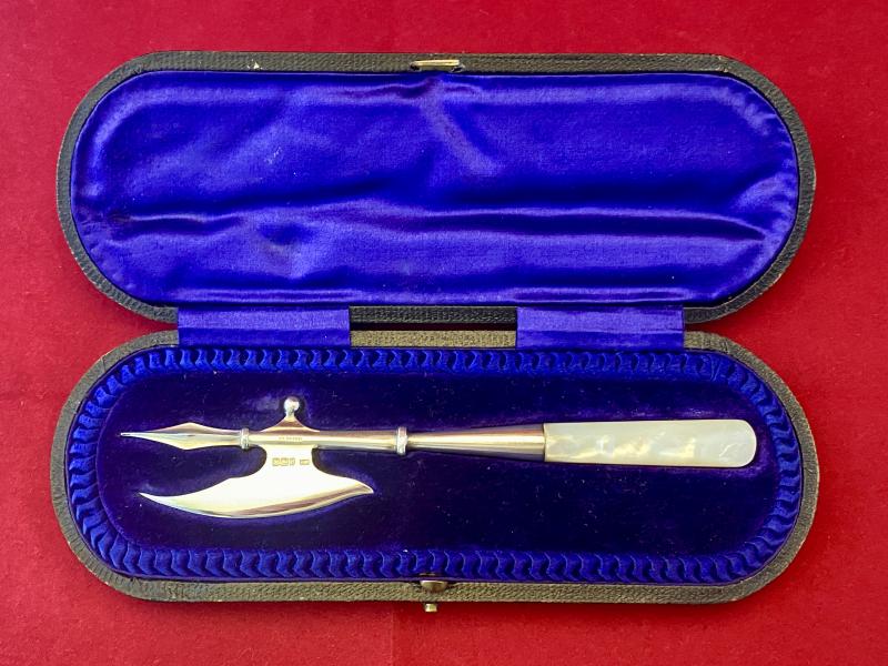 Stunning Cased Victorian Hallmarked Silver and Mother of Pearl Letter Opener - Medieval Halberd Axe - by Henry Wigfull of Sheffield 1900