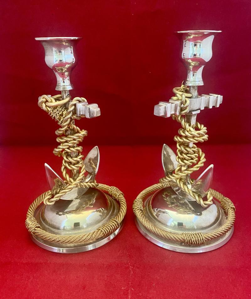 Fine Pair of Chrome and Gilt Brass Fouled Anchor Candlesticks